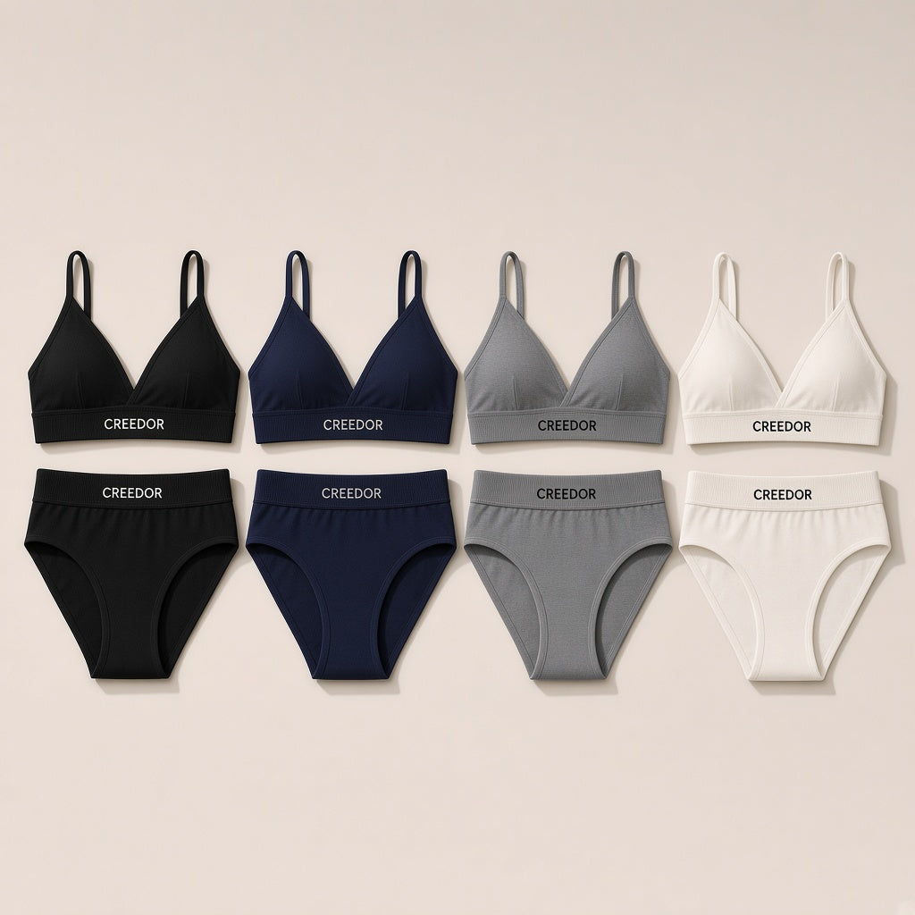 CREEDOR bralette and brief set in black, navy, grey and off-white (concept render)