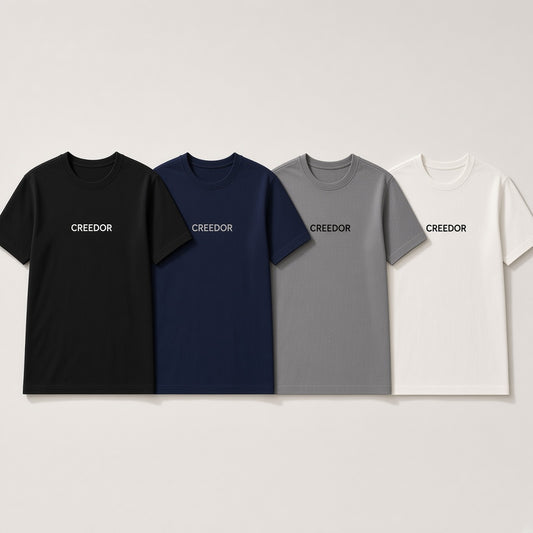 CREEDOR crew T-shirt in black, navy, grey and off-white (concept render)