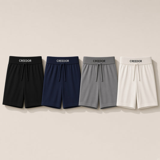 CREEDOR lounge shorts in black, navy, grey and off-white (concept render)