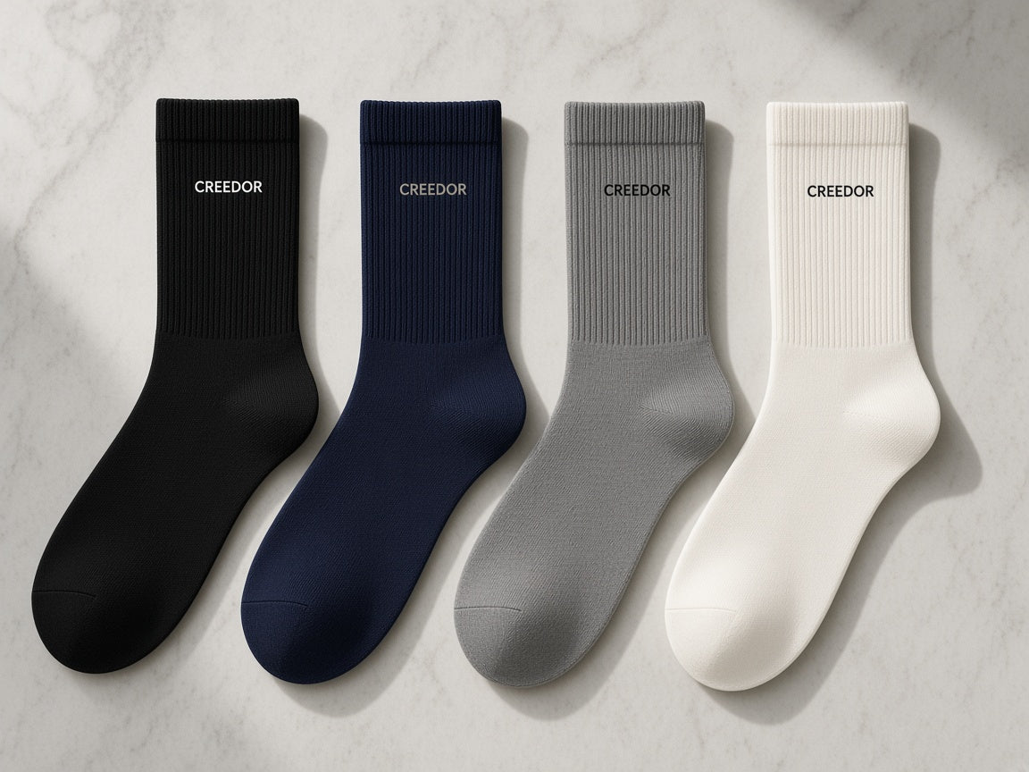 CREEDOR crew socks in black, navy, grey and off-white (concept render)